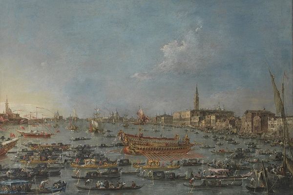 Beaucoup d'oeuvre de peintres vénitiennes ont représenté la fameuse galère dont ici "Le Bucentaure à Venise" par Francesco Guardi en 1768 (Musée du Louvre).