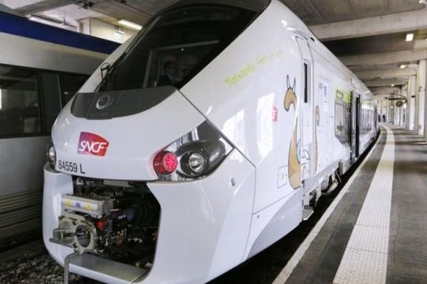 Une des rames TER Regio 2N de Bombardier, présentée le 29 avril 2014 à la gare Vaugirard, à Paris. 